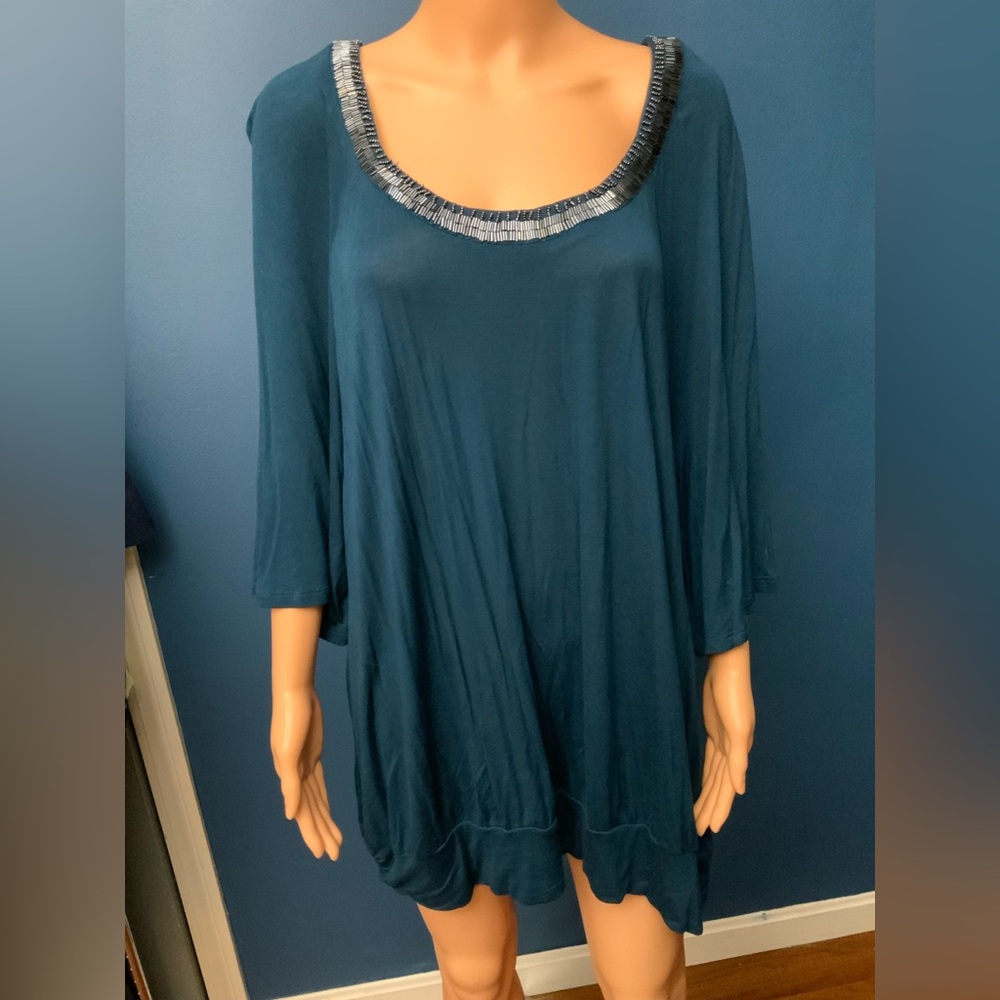 a.n.a Teal Scoop Neck Tunic with Metallic Bead Trim